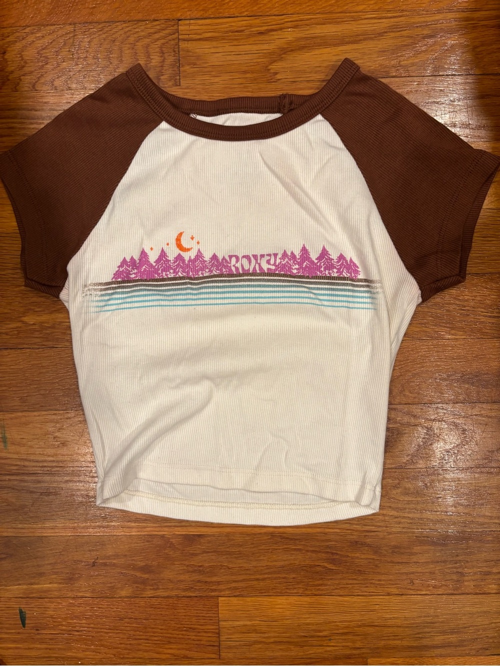 Roxy Cream Tee with Brown Raglan Sleeves and Pink Graphic